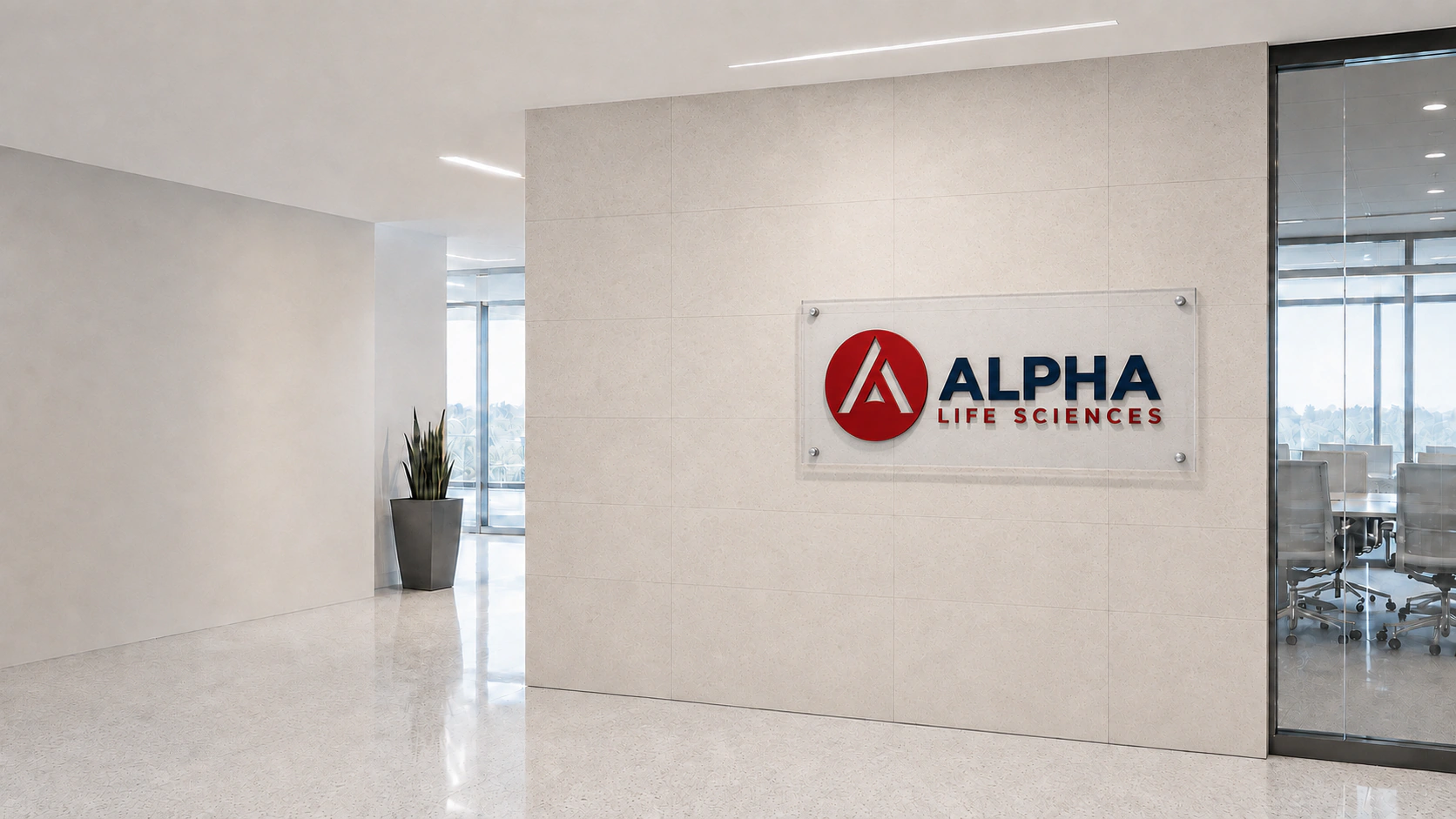 Alpha Life Sciences glass sign in a modern office lobby.